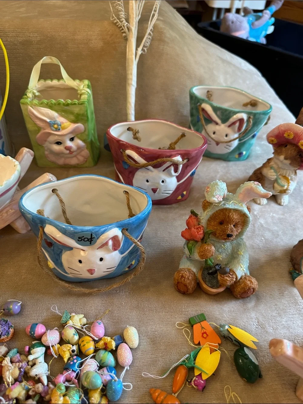 Easter Bunny Ceramic Egg Holders and Decorative Bucket - White